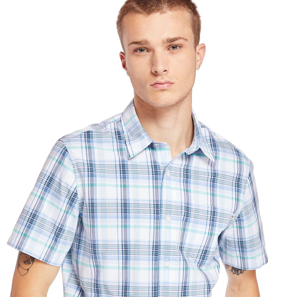 Camisa Masculino - Timberland Short-Sleeve Indian River Madras - KHJMV7918 - Azuis/Branco